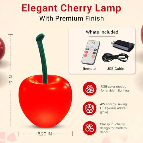 Nodyla Cherry Lamp LED Light – Unique Red Table Lamp for Bedroom, Nightstand or Living Room, Funky and Modern Desk Lamp, S...