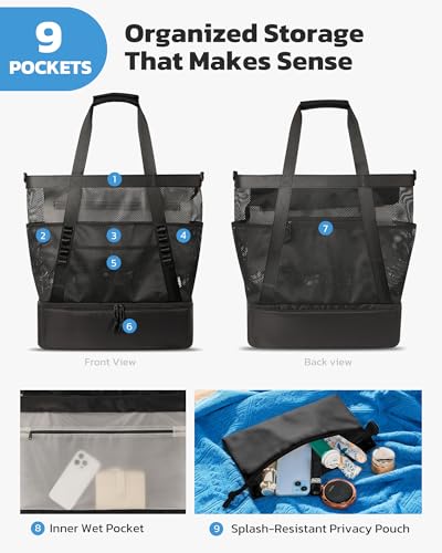 VAYOQON Extra Large Beach Bag with Cooler, Mesh Tote Bag for Women with Zipper, Waterproof Sandproof Pool Vacation Essentials