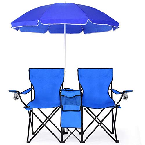Goplus Double Camping Chair with Umbrella, Folding Loveseat Chairs w/Canopy Shade, Carrying Bag, Table, Cup Holder, Portab...