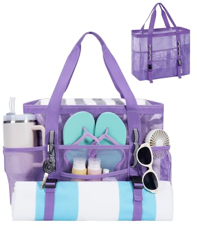 WANDF Mesh Beach Bag for Women, Large Beach Tote Bags with 40oz Tumbler Side Pockets, Family Pool Bag for Swim Toys Towels...