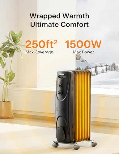 PELONIS Radiator Heater for Large Space, Electric Oil Filled Radiator, Dual Knobs, 1500W, Quiet Space Heater, 3 Modes, Ti...