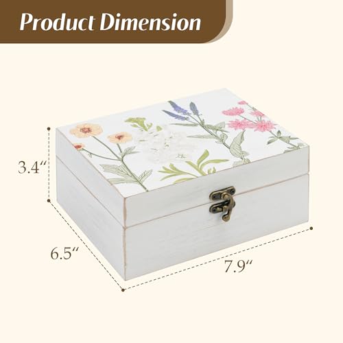 Synovana Small Decorative Box with Hinged Lid Wooden Handmade Keepsake Storage Box Floral Printed Jewelry Box Rustic Trink...