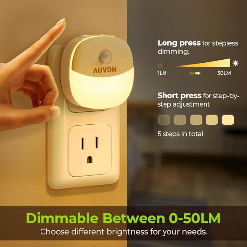 AUVON Plug in Night Light with Motion Sensor and Dusk to Dawn Sensor, Mini Warm White LED Nightlight with 1-50 lm Adjustab...