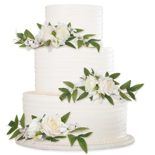 Wedding Cake Flowers,3PCS White Flowers for Cake Topper Faux Cake Decorations for Wedding Anniversary Birthday Party Festi...