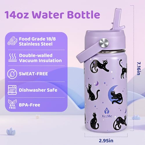 XccMe 14oz Cat Kids Water Bottle With Straw Lid,Stainless Steel Travel Bottle,Double Wall Leak Proof & BPA-FreeKids Cup,In...