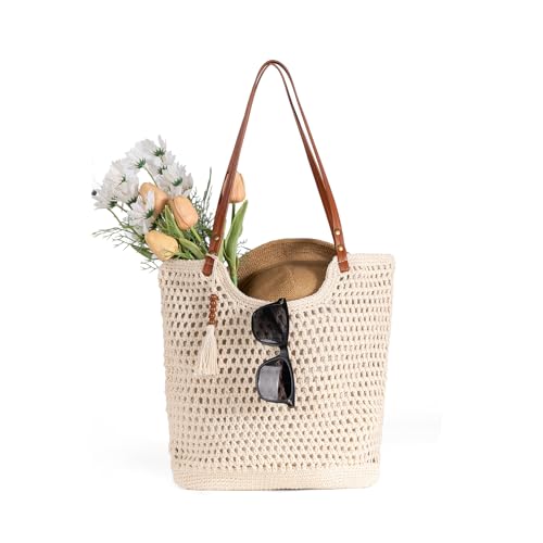 Women's Crochet Beach Tote Bag - Summer Boho Knit Woven Hollow Mesh Tote Bag with Zipper Pocket for Travel Vacation Beach ...