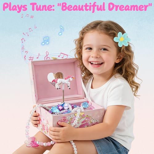 NEWLOOP Unicorn Jewelry Box for Girls – Musical Spinning Rainbow Unicorn Ballerina Design with Heart Mirror, Perfect Jewel...