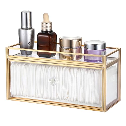 GUSHBIN Clean Pad Storage Box Gold Glass Pull and Out Drawer with Tray Rectangular Cotton Pads Holder Vanity Organizer for...