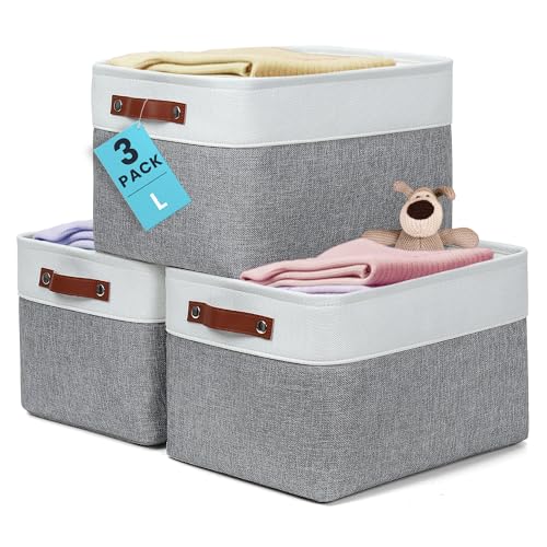 OrganiHaus Large Fabric Storage Baskets for Shelves 3 Pack, 15x11in Closet Storage Bins, Canvas Storage Bin for Organizin...