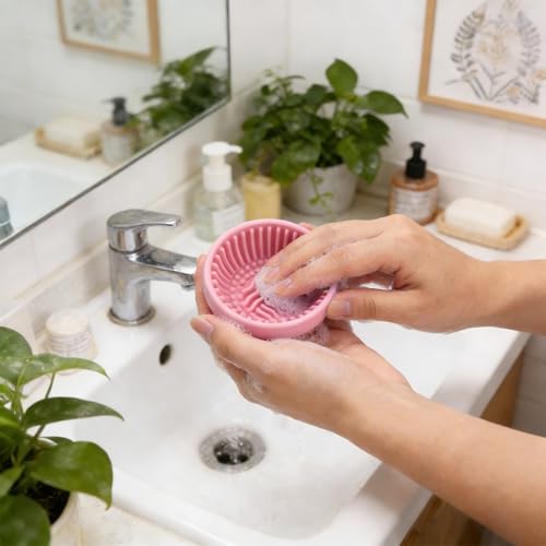 Silicone Makeup Brush Cleaner Bowl – Portable Cosmetic Brush Scrubber Mat & Washing Tool – Textured Cleaning Cup for Face...