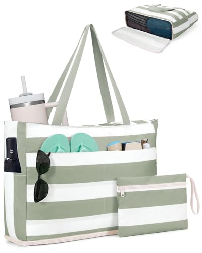 WANDF Beach Bags for Women, Large Waterproof Sandproof Beach Tote Bag with Zipper Family Pool Bags with 40oz Tumbler Pocke...