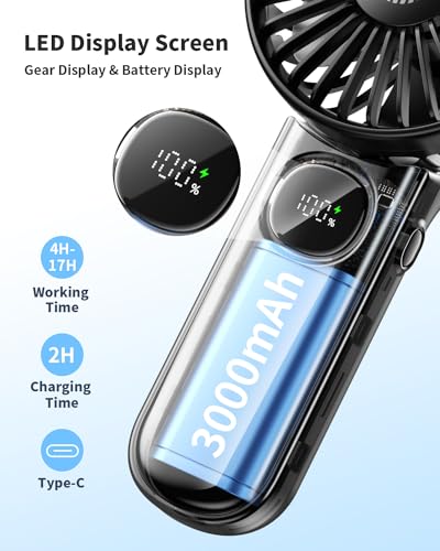Foldable Portable Fan with LED Display, 3000mAh Battery Operated Mini Hand Held/Neck/Desk 3 in 1 Personal Small Fan for Ey...