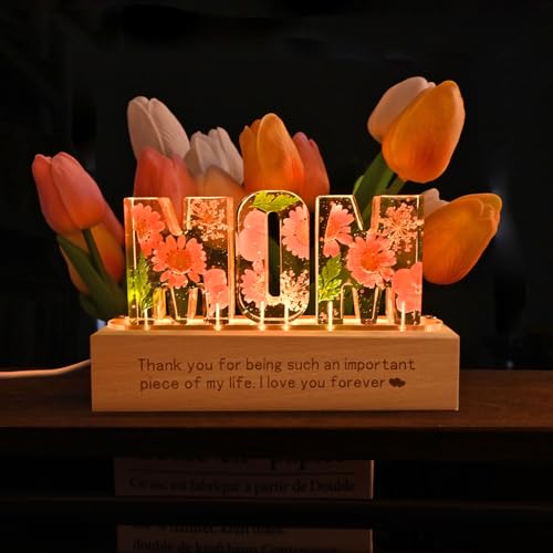 Britrio Gift for Mom Dry Flower Night Light Lamp for Mother's Day Gift from Son Daughter Dried Pressed Flower Letter Led L...