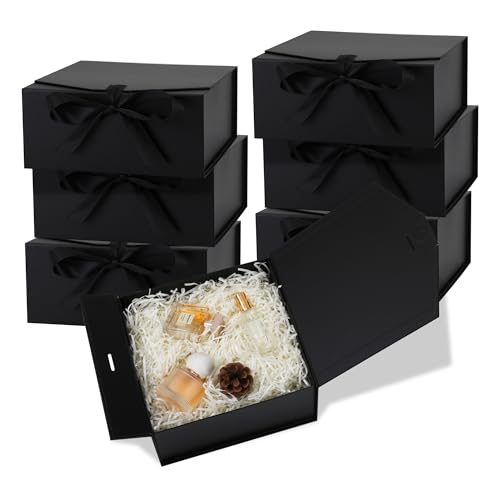 OEMVALATY 6-Pack Gift Boxes,9x9x4 Inch Magnetic Gift Boxes with Lids for Presents,Black with Ribbon, Bridesmaid Proposal B...