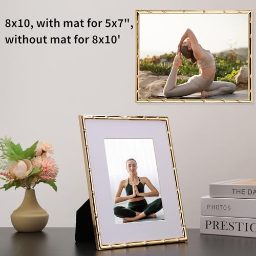 YiPinYin 8x10'' Bamboo Detail Gold Metal Picture Frame with Acid Free Mat for 5x7'' Set of 2,Narrow Gold Plated Photo Fram...