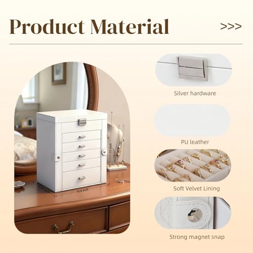 BOOVO Jewelry Box For women, 6 Layer Large Jewelry Organizer With Mirror, Multi-Function Storage Box With Lock, Necklace H...