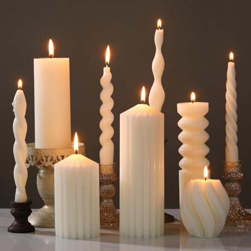 Nuanchu 9 Pcs Modern Decorative Candles Set 5 Pillar Aesthetic Ribbed Candles 4 Spiral Taper Twisted Candlesticks Scented ...