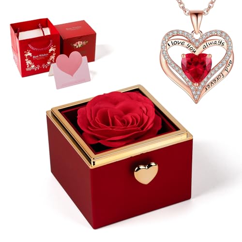 mountova Valentine’s Day Gift for Her Preserved Rose Surprise Box with Heart Necklace, Luxury Flip Jewelry Box, Romantic G...