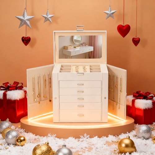 BOOVO Jewelry Box For women, 6 Layer Large Jewelry Organizer With Mirror, Multi-Function Storage Box With Lock, Necklace H...