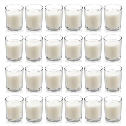 Housecret 24 Pack Warm White Unscented Clear Glass Filled Votive Candles. Hand Poured Wax Candle Ideal Gifts for Aromather...