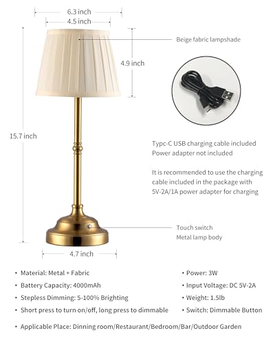 KDG Portables Cordless Table Lamp, Fabric Shade Desk Lamp, 4000mAh Rechargeable Battery Powered Lighting, Dimmable Light f...