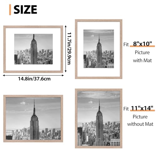 Fixwal 11x14 Poster Frame Natural Woodgrain Picture Frame 8x10 with Mat or 11x14 without Mat, Vertical and Horizontal Wall...