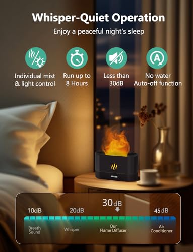 PIZAY Essential Oil Diffuser, Air Humidifier with Flame Led Light - 7 Colors, 180mL Capacity (8 Hours), Noiseless Operatio...