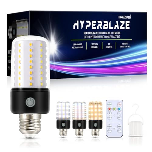 HYPERBLAZE Battery Operated Light Bulbs for Lamps, Wide Bright & 3 Colors & Dimmable Rechargeable Light Bulbs with Remote ...