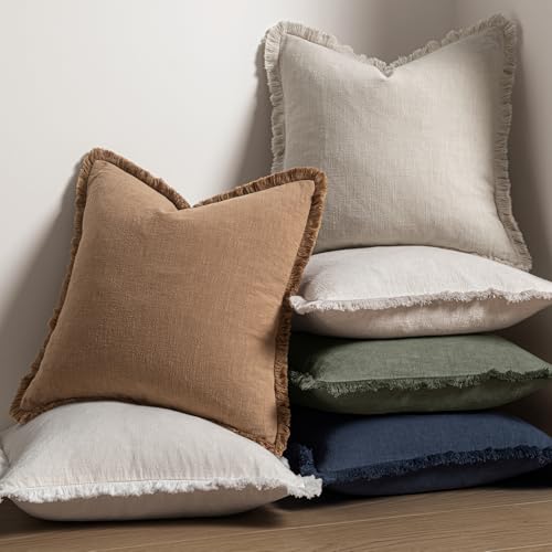 MIULEE Decorative Throw Pillow Covers Neutral Linen Fringe Throw Pillows Set of 2 Natural Beige Boho Farmhouse Cushion Cov...