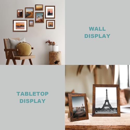 iRahmen 11x14 Picture Frame Set of 4 with Tempered Glass, Rustic Frame Display 8x10 Pictures with Mat or 11 x 14 Without M...