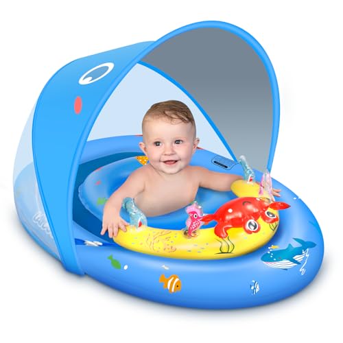 LAYCOL Baby Pool Float with Canopy UPF50+, 120°Adjustable Sun Protection and Anti-Tip Safety Seat, Inflatable Toddler Floa...