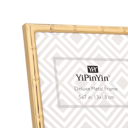 YiPinYin 8x10'' Bamboo Detail Gold Metal Picture Frame with Acid Free Mat for 5x7'' Set of 2,Narrow Gold Plated Photo Fram...