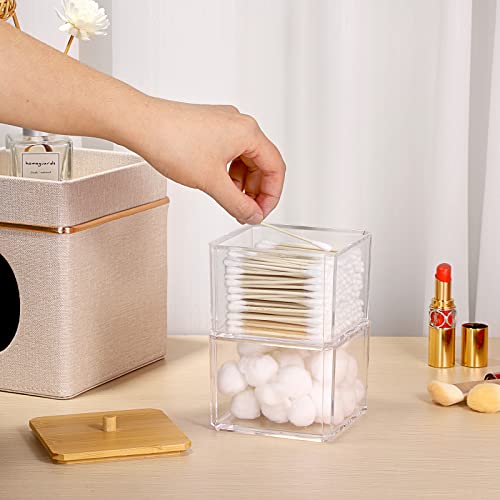 Hipiwe Clear Q-tip Dispenser Holder Acrylic Bathroom Containers 2-Tier Square Apothecary Jar with Lid Canister Cotton Swab...