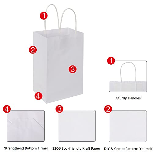 Oikss 100 Pack 5.25x3.25x8.25 Inch Small White Kraft Paper Bags with Handles Bulk for Birthday Wedding Party Favors Grocer...