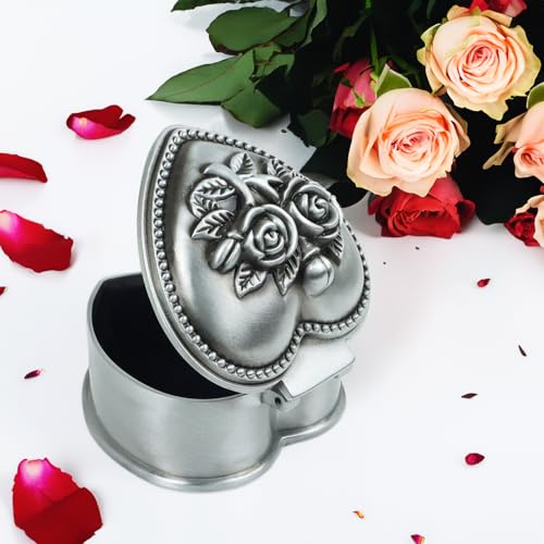 Vintage Metal Trinket Jewelry Box, Small Heart Shape Jewelry Organizer Rose Flower Sunflower Antique Treasure Chest Ring H...