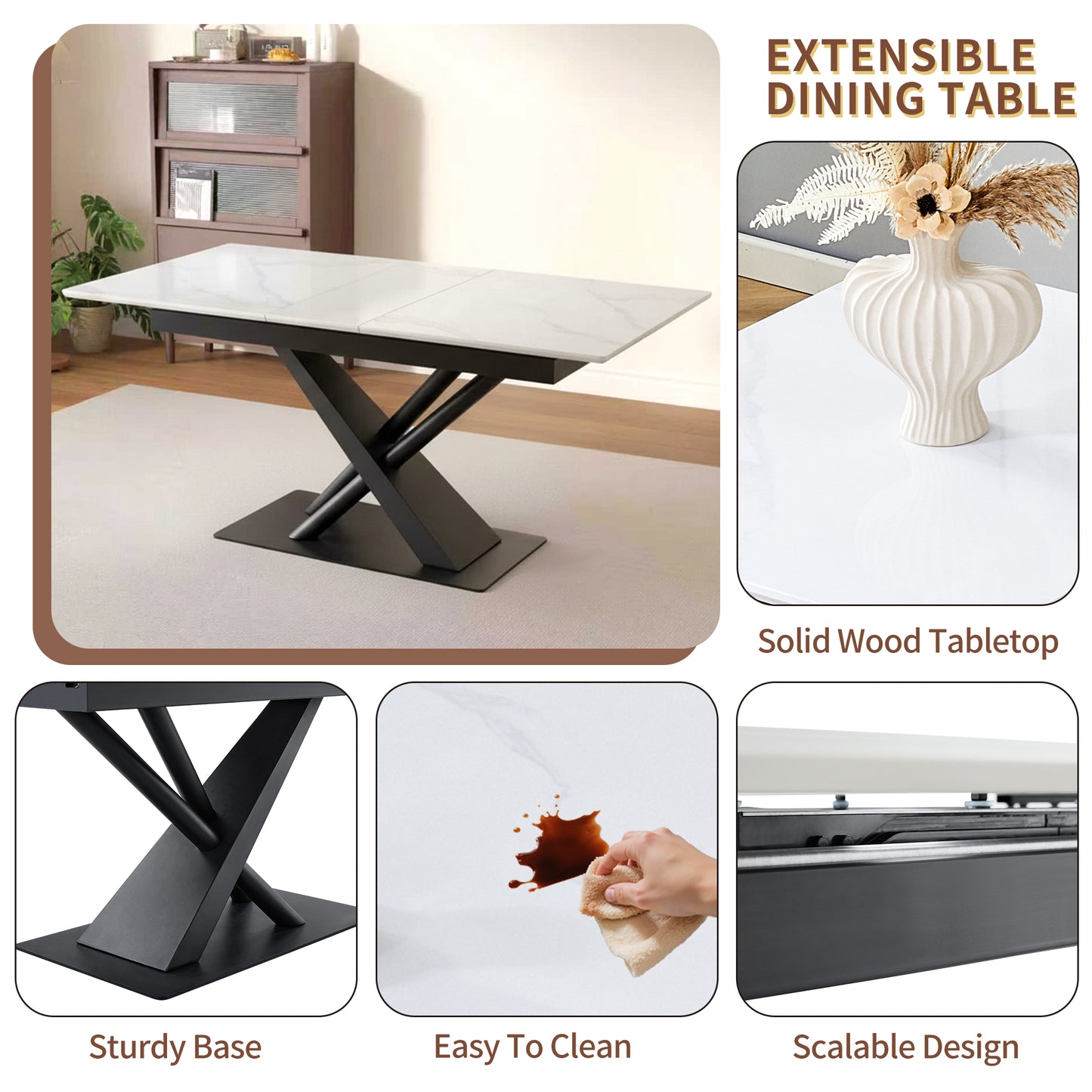 Modern Dining Table With White Marble MDF Veneer Paper Tabletop And Geometric X-Frame Metal Spray-Painted Legs, Sturdy Metal Base For Contemporary Kitchen Or Dining Room  White Marble, 1 Table