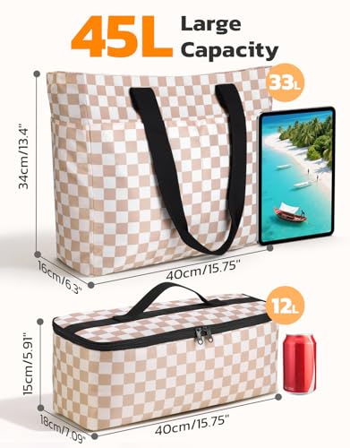 ISEYOU Beach Bag and Cooler Bag Set, 45L Waterproof XXL Foldable Tote with Zipper, 8 Pockets for Pool, Picnic, Travel
