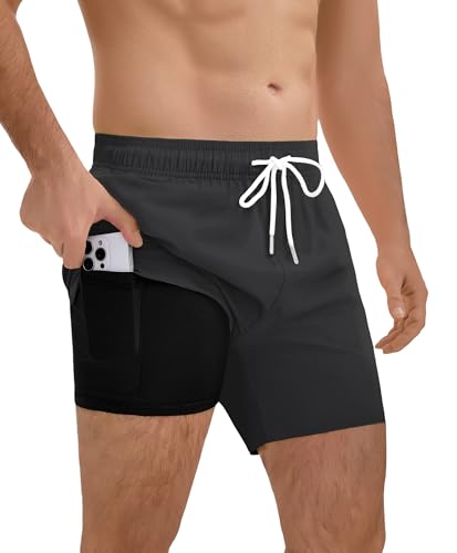 Lncropo 2 in 1 Mens Swim Trunks with Compression Liner 5 Inch Swim Shorts Quick Dry Bathing Suit Swimsuits