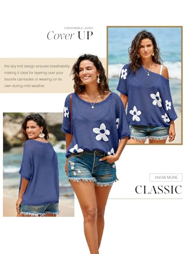 Dokotoo Womens Floral Fashion Summer Tops 2026 Short Sleeve Crochet Sweaters Swimsuit Cover Ups Lightweight Knit Pullover