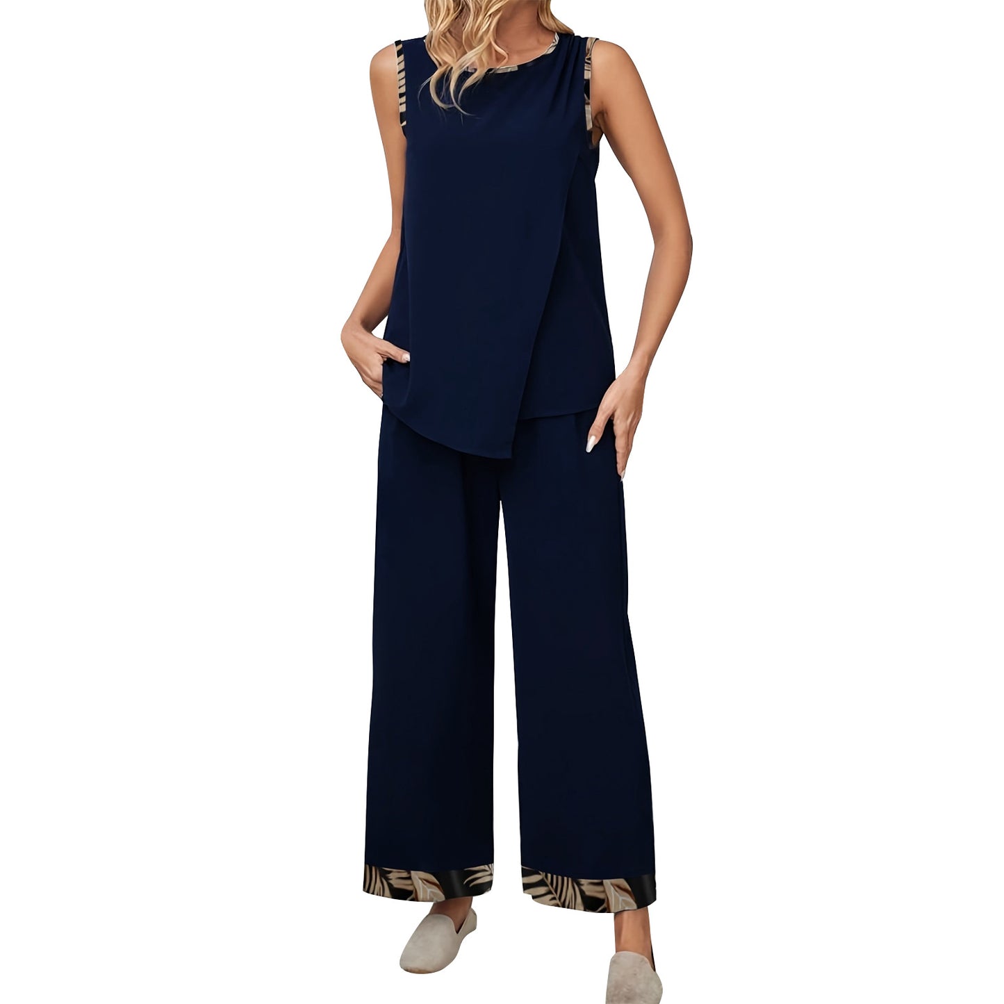 New Round-neck Sleeveless Asymmetrical Top And Pants Cotton Set With Pockets