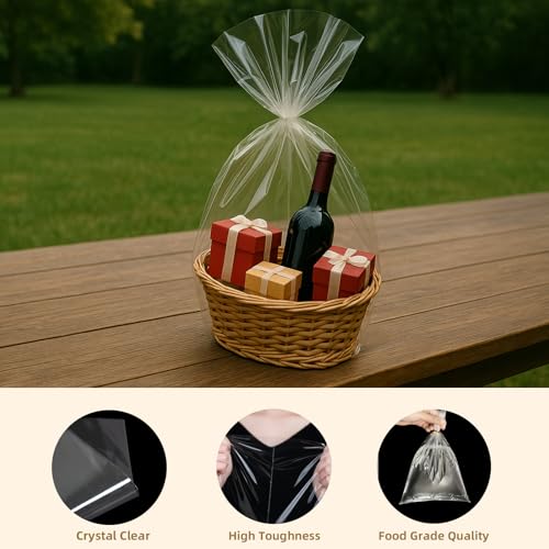 WIKDAY Cellophane Wrap for Gift Baskets 16x24 Inches 8 PCS Large Clear Gift Wrapping Plastic Bags with Ties for Gift Givin...