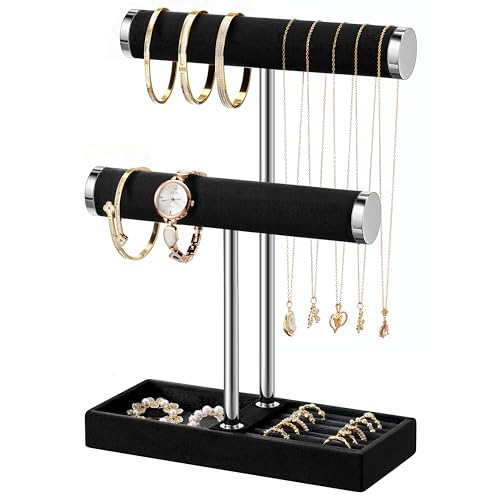 bussdis 2 Tier Bracelet Holder Display - Detachable T Bar Black and Silver Velvet Bracelet Holder, Jewelry Holder Organize...