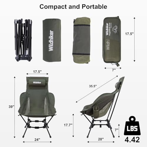 Wildhiker Compact High Back Camping Chair - Foldable with Dual Sitting Modes, Pillow, Arm Pads and Side Pockets - Lightwei...