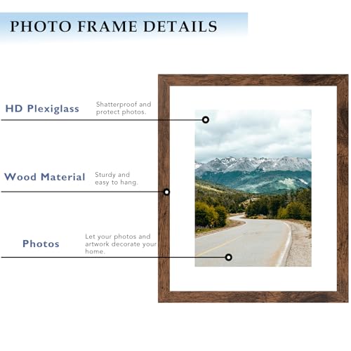 QOTIB 11x14 Picture Frame with 8x10 Mat Deep Brown, Display 8x10 with Mat or 11x14 Without Mat, Wood 11 by 14 Photo Frame,...
