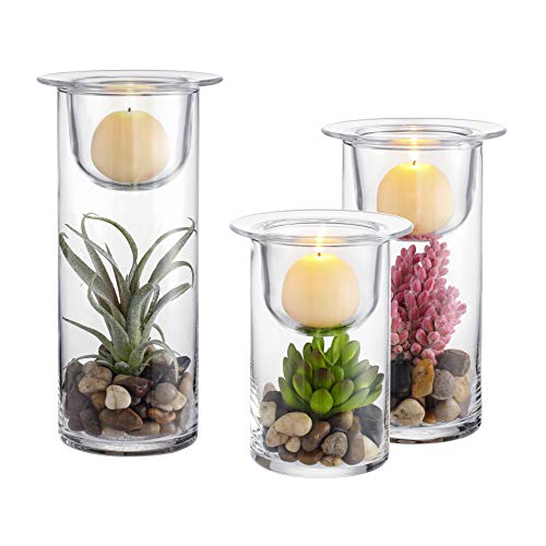 KMwares Glass Cylinder Candle Holders Set of 3 with Artificial Succulent and Decorative Stones, Hurricane Candle Holder Ce...