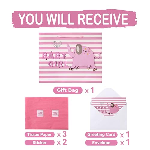 wishinside 13" Large Pink Gift Bag Set with Greeting Card and Tissue Paper(3D elephant) for Baby Girl,Baby Shower,Kids Bir...