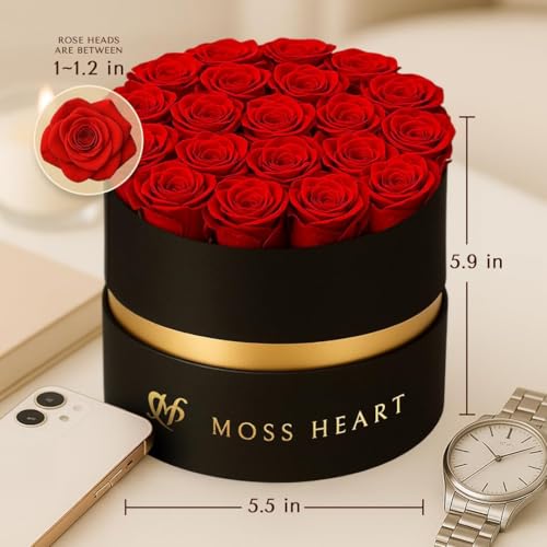 Moss Heart 20 Mini Preserved Roses, Round Luxury Gift Box, Real Forever Roses Last 1+ Year, Premium Romantic Gift for Wome...