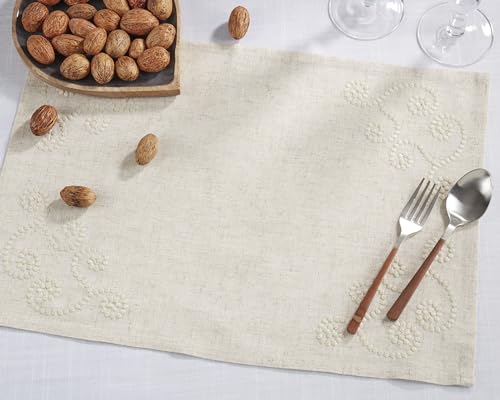 SARO LIFESTYLE 001.N1654B Augustina Collection Embroidered Swirl Design Linen Blend Table Runner, 16" x 54", Natural
