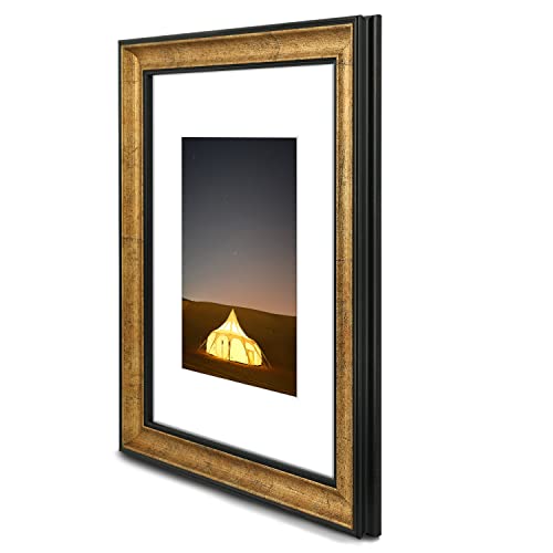 Golden State Art, 9X12 Photo Frame with White Mat for 6X8 Pictures & Real Glass, 1.25-Inch Wide, Antique Gold