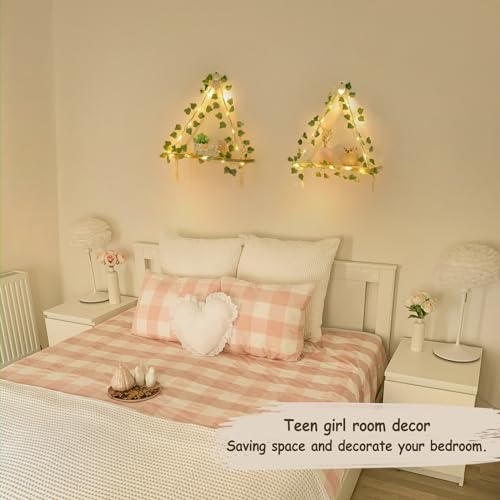 Mkono Artificial Ivy Macrame Hanging Shelves with Lights Set of 2 Boho Wall Decor Display Plants Photos Wood Floating Stor...